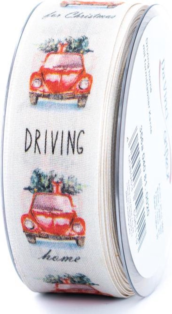 Kerstlint - Wit met rode auto en tekst "Driving home for Christmas" - 4 cm breed - 20 meter lang - Decoratief lint