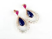 Zilveren oorringen oorbellen Model Oval Pearl gezet met parels en blauwe en roze steen