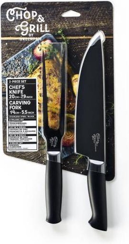 GreenPan Chop&Grill vleesmes en koksmet set - zwart - RVS - Gratis Ecover pakket bij aankoop van €100 GreenPan - GreenPan