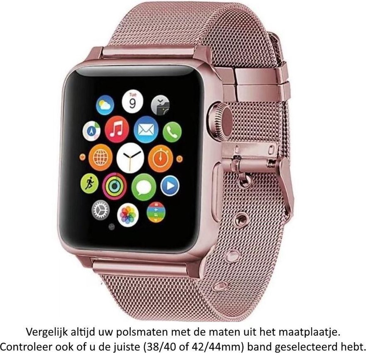 Roze Goudkleurig Milanese Horloge Band 42 mm geschikt voor Apple Watch 1, 2, 3, 4, 5, 6, 7, 8, SE &, 42mm & 44mm "Mannenbreedte" Series – Maat: zie maatfoto - Staal – Milanees – Gesp - Rosegoud - Roze goud - Rose Gold