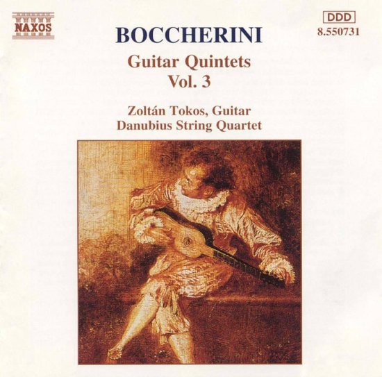 Albumhoes van Boccherini Gitaarkwintetten Vol. 3. De cover toont schilderij 'De Gitaarspeler' van Jean Antoine Watteau in warme tinten.