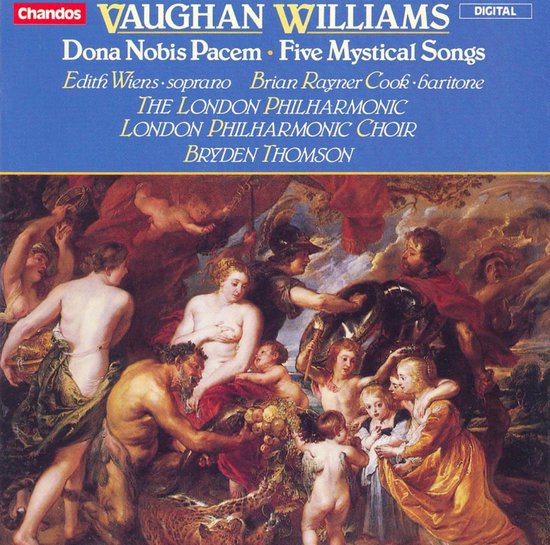 Albumhoes met schildering van mythologische figuren. Titel: Dona Nobis Pacem.