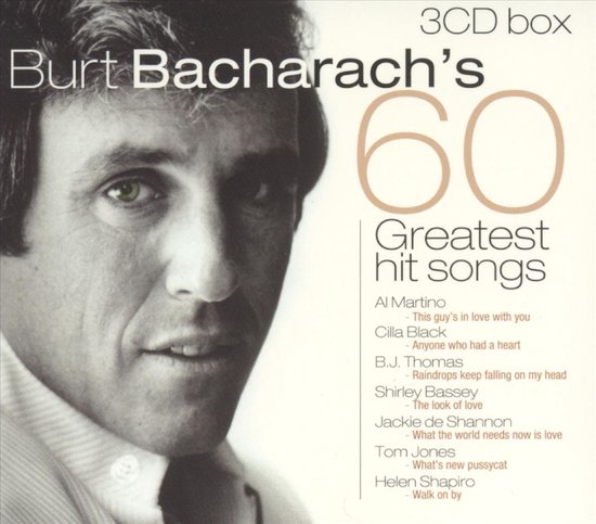 Burt Bacharach's 60 Greatest Hit Songs 3CD box. Close-up portret van Burt Bacharach met tekst.