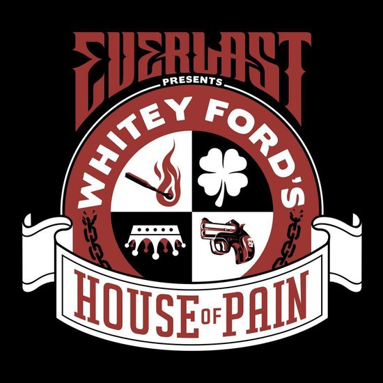 Everlast présente le logo Whitey Ford's House of Pain avec un trèfle à quatre feuilles, une couronne, un pistolet et des allumettes.