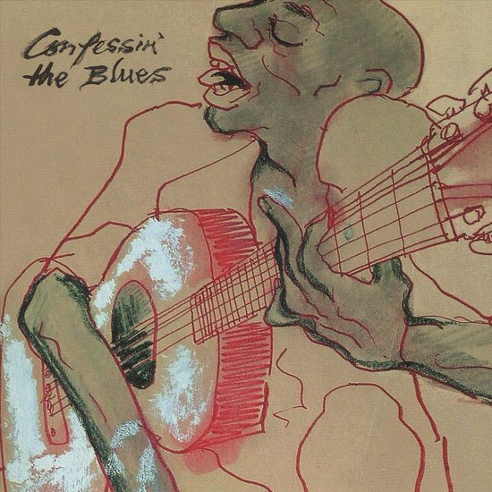 Tekening van een man met een gitaar, met de tekst 'Confessin' the Blues'.