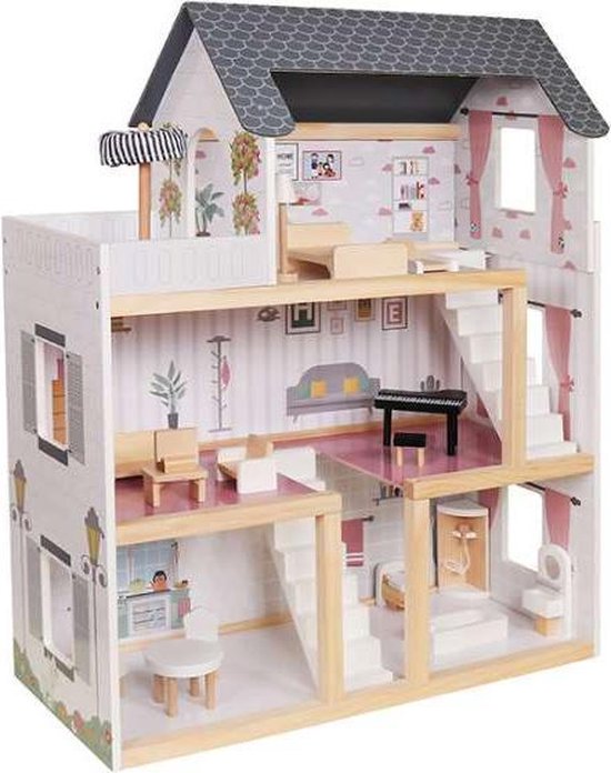 Zeer luxe grote houten poppenhuis/ speelhuis met meubels met LED verlichting  78 cm | bol.com