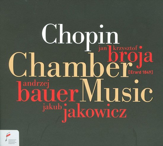 Chopin Chamber Music met Jan Krzysztof Broja en Andrzej Bauer, Jakub jakowicz. Tekst in rood, wit en beige op donkergrijze achtergrond.