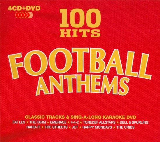 CD+DVD hoes met de titel 100 Hits: Football Anthems in gele letters op een rode achtergrond.