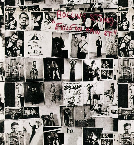 Albumhoes met een collage van zwart-wit foto's en tekst in rode letters 'ROLLING STONES EXILE ON MAIN ST.'