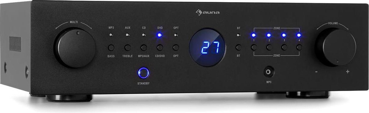 Auna AMP-CD950 DG Hifi versteker met bluetooth - 4 stereo output zones - Digitale multikanaals versterker - 8x 100W RMS - Aux, MP3, Digital disc en Opt. In - Inclusief afstandsbediening - Zwart - Auna