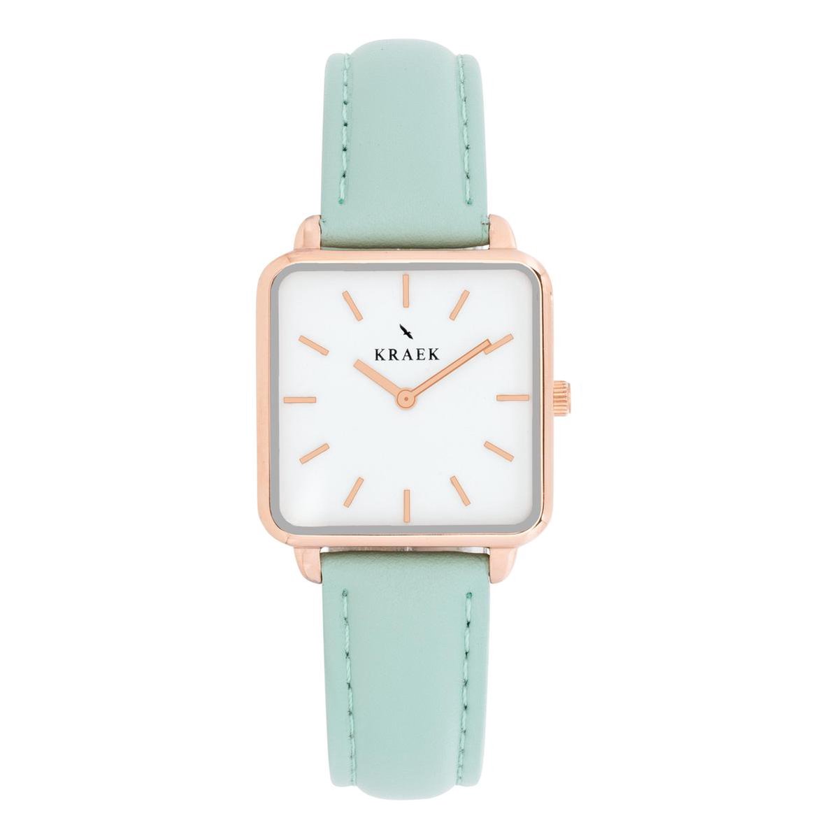 KRAEK Julietta Rosé Goud Wit 28 mm | Dames Horloge | Groen Leren horlogebandje | Vierkant | Minimaal Design