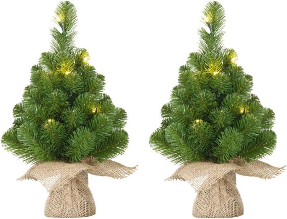 3x Mini kunst kerstbomen met 10 groene Led lampjes 45 cm - Kunst kerstboompjes/miniboompjes