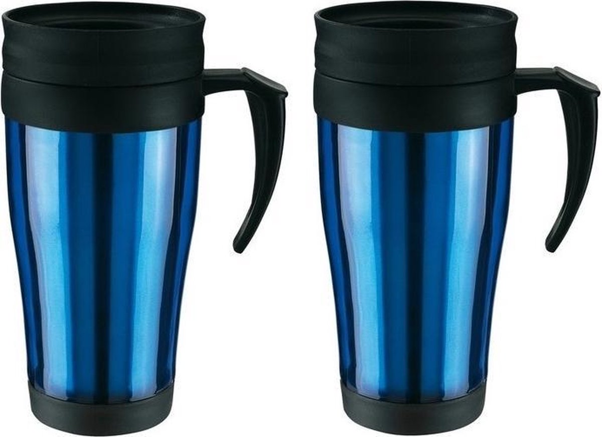 Set van 3x stuks thermosbeker/warmhoudbeker blauw/zwart 400 ml - Thermo koffie/thee bekers dubbelwandig met schroefdop