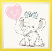 Kinderposter - Olifant met Hartballon - 20x20 cm - Met Geel 3D Houten Kader