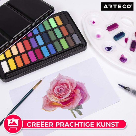 ARTECO® 36 Kleuren Aquarelverf Set – Inclusief 3 Water Brush Pennen en Aquarelpapier - Waterverf - Cadeau