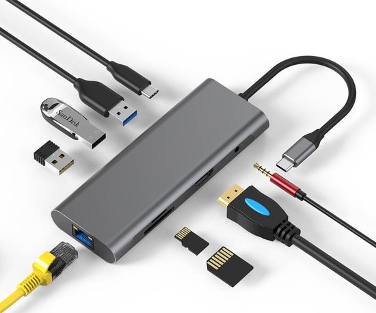 9 in 1 USB-C Multi-Port Hub - 4K @30Hz HDMI - SD/TF kaart lezer - 3x