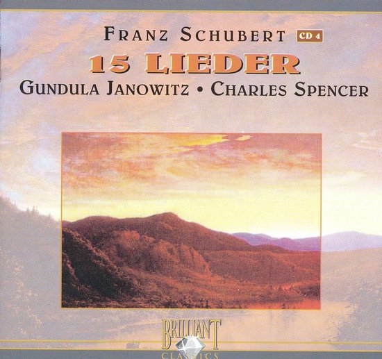 Cd-hoes met titel "Franz Schubert 15 Lieder" en een schilderij van bergen bij zonsondergang.