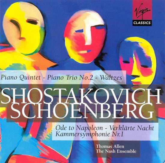 CD-hoes met abstracte gezichten in geel, rood en blauw. "SHOSTAKOVICH SCHOENBERG"