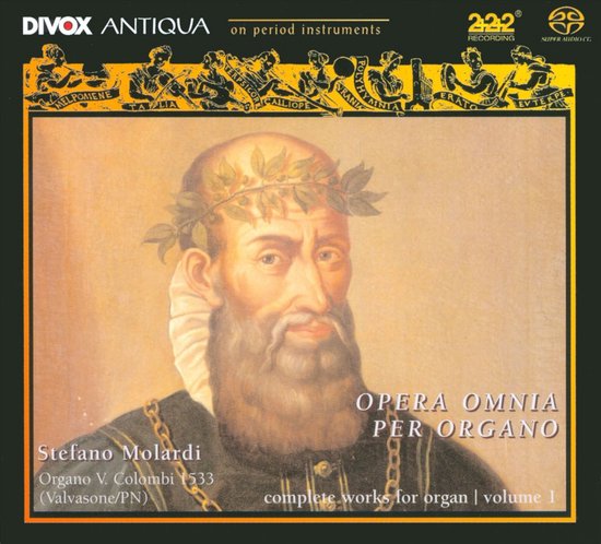 Schildering van een man met krans, 'Opera Omnia Per Organo | Volume 1'.