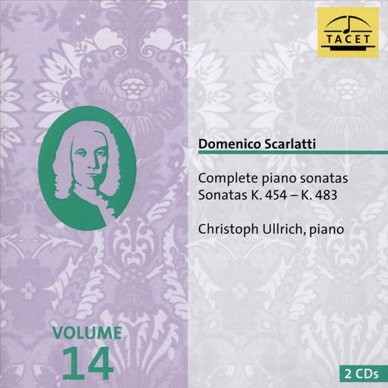 Hoes van de CD "Complete piano sonatas, Volume 14" met een portret van een man, "Domenico Scarlatti" en "Christoph Ullrich, piano" erop.