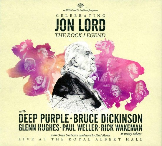 Albumcover 'Celebrating Jon Lord The Rock Legend'. Een illustratie van Jon Lord, omringd door paarse vlekken met portretten van artiesten.