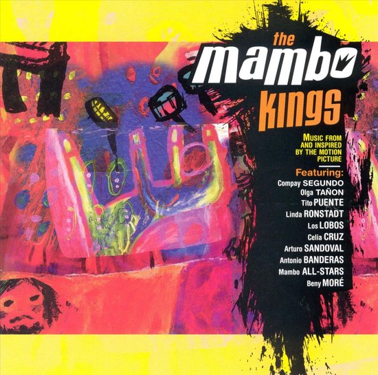 Albumhoes met abstracte, kleurrijke kunst in roze, blauw en geel met de tekst "the mambo kings".