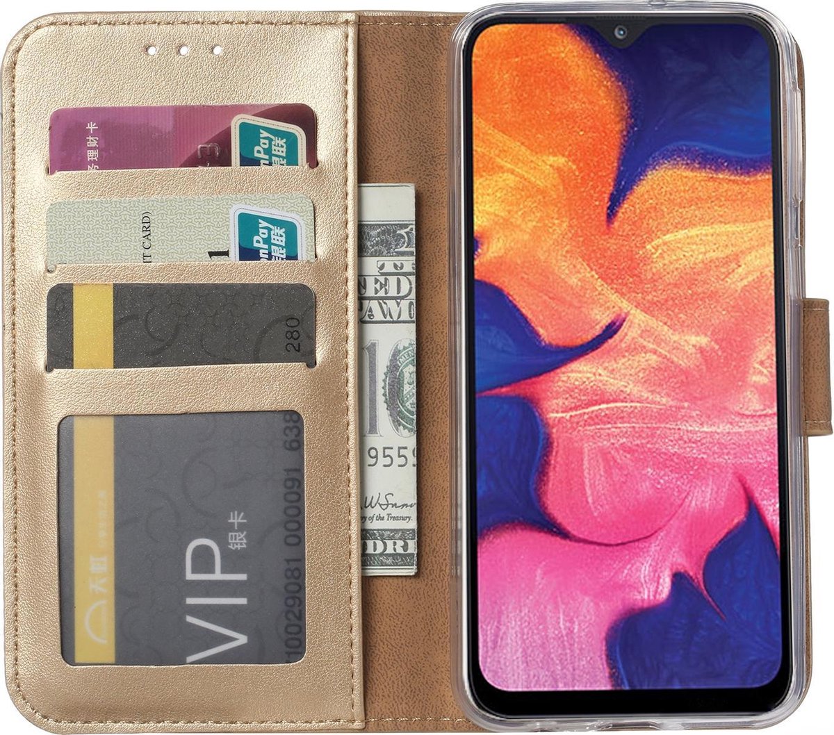 BixB Samsung Galaxy A10 hoesje - bookcase goud + tempered glas screenprotector