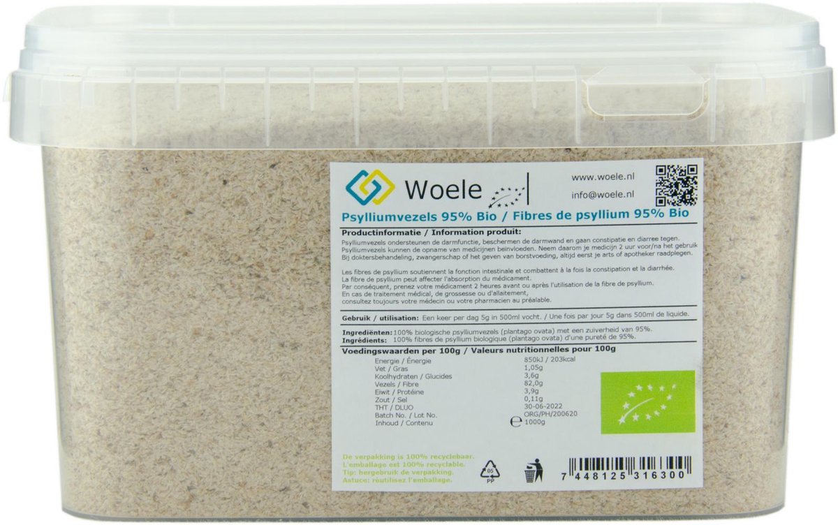Psylliumvezels bio 95% zuiverheid 1000g psyllium husk vlozaad vezel