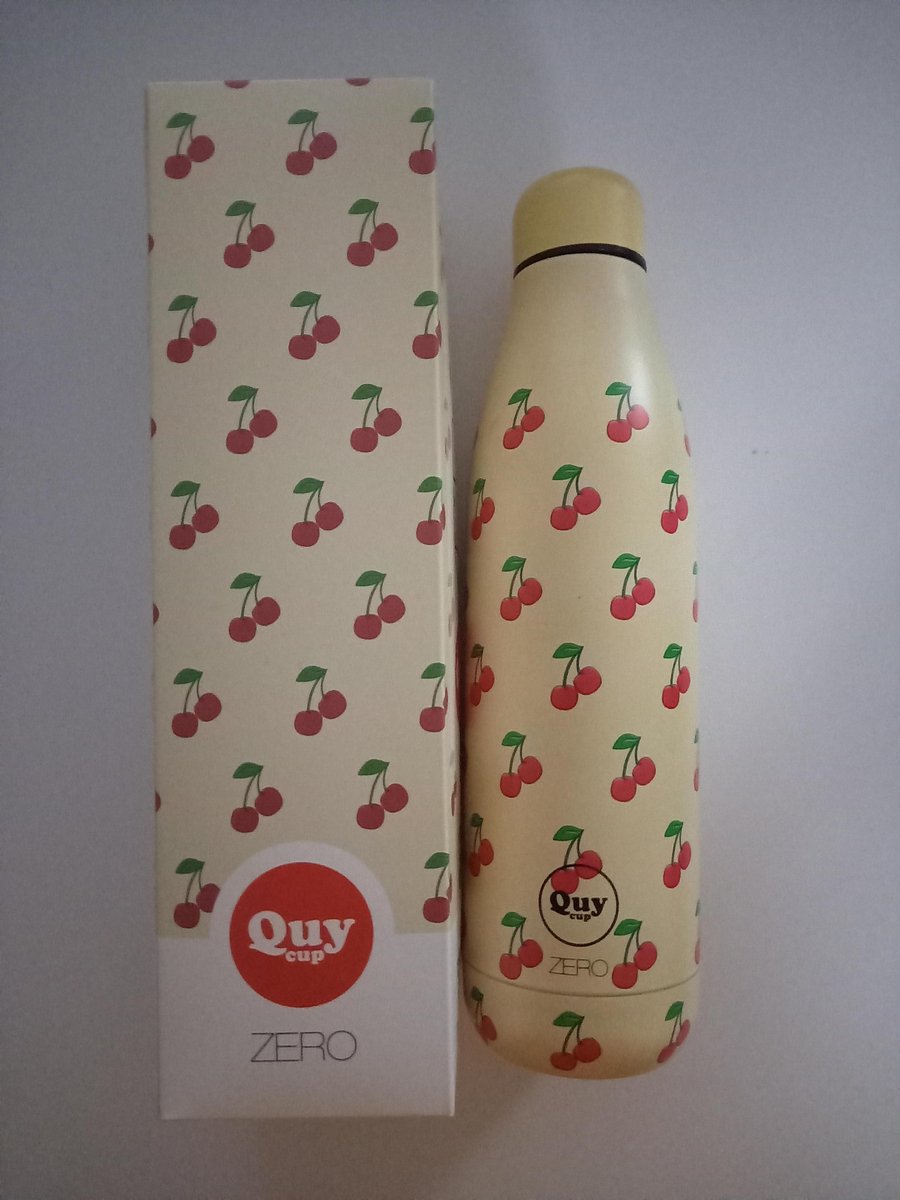 Quy Cup - 500ml Thermosfles “Ciliegia” kersen Geel 12 uur heet 24 uur koud herbruikbaar RVS fles (304)