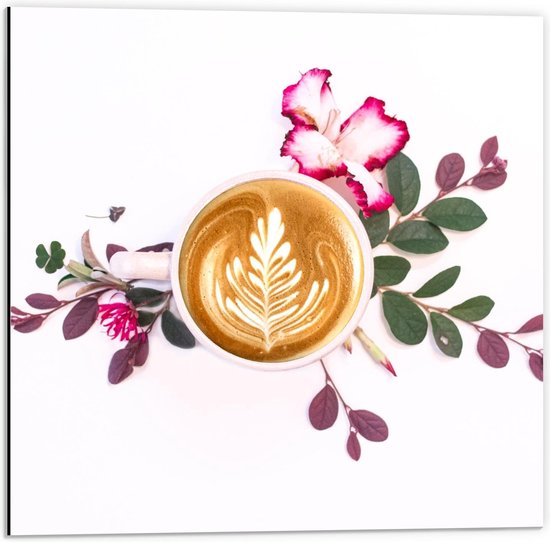 Dibond - Koffie met Bloemen en Bladeren  - 50x50cm Foto op Aluminium (Met Ophangsysteem)