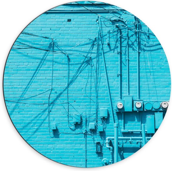 Dibond Wandcirkel - Blauwe Muur met veel Blauwe Buizen  - 70x70cm Foto op Aluminium Wandcirkel (met ophangsysteem)