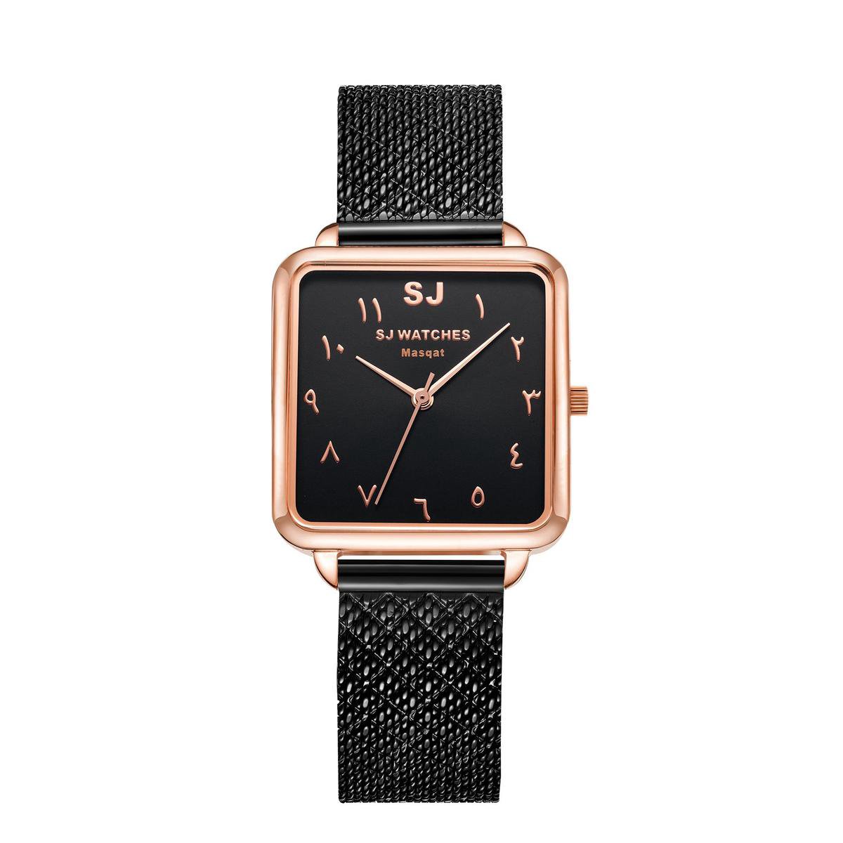 SJ WATCHES Masqat horloge dames Zwart vierkant - horloges voor vrouwen 28.5mm Arabische cijfers - Vierkante horloge