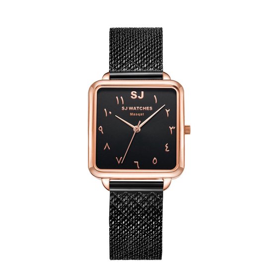 SJ WATCHES Masqat horloge dames Zwart vierkant - horloges voor vrouwen 28.5mm Arabische cijfers - Vierkante horloge