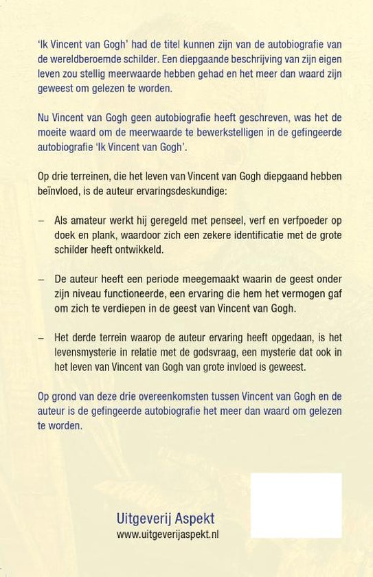 De achterkant van het boek 'Ik Vincent van Gogh' met tekst over de inhoud en uitgeverij Aspekt.