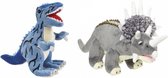 Setje van 2x knuffel dinosaurussen T-rex van 30 cm en Triceratops van 28 cm - Dino cadeau artikelen