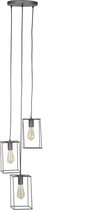 Industriële hanglamp met 3 kubusvormige halogeenlampen in antiek zilverkleur.