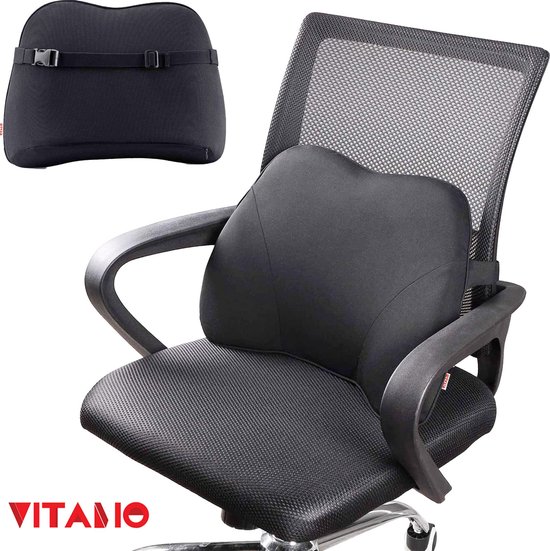 VITAMO™ Premium Ergonomische Rugsteun - Autostoel & bureaustoel - Rugkussen onderrug - Lendensteun - Rugsupport - Traagschuim kussen - Pijnverlichting - Zwart