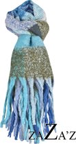 Blauwe dames sjaal- grote ruit- dikke warme sjaal-franjes