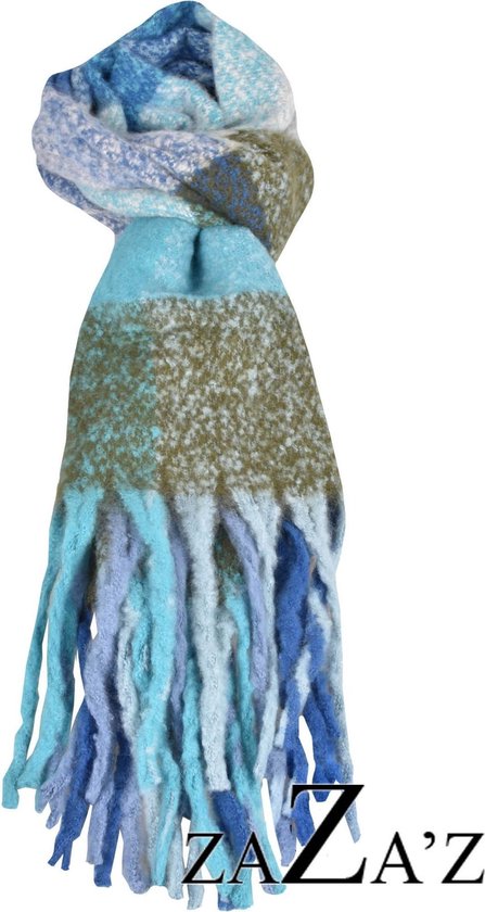 Blauwe dames sjaal- grote ruit- dikke warme sjaal-franjes | bol.com