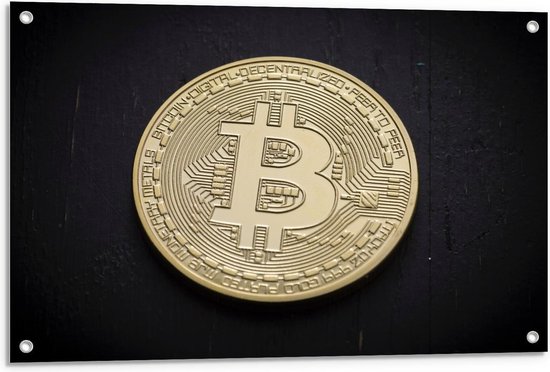 Tuinposter – Goude Bitcoin met Zwarte Achtergrond - 90x60cm Foto op Tuinposter  (wanddecoratie voor buiten en binnen)