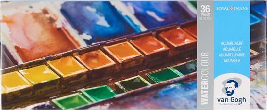 Doos met 36 halve napjes aquarelverf van Van Gogh, met een afbeelding van kleurrijke verfvlekken.