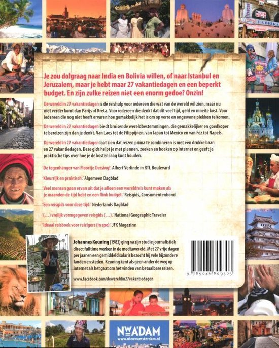 Achterkant van het boek 'De wereld in 27 vakantiedagen', met recensies en foto's.