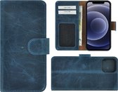 Iphone 12 Mini Hoesje - Leder Bookcase - Iphone 12 Mini Book Case Wallet Echt Leer Hoesje Denimblauw Cover