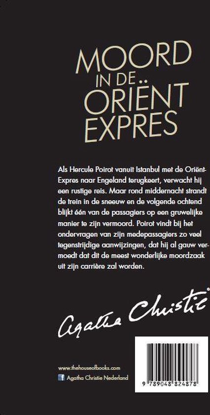 Achterkant van Agatha Christie's 'Moord in de Oriënt Expres' met tekst en barcode.