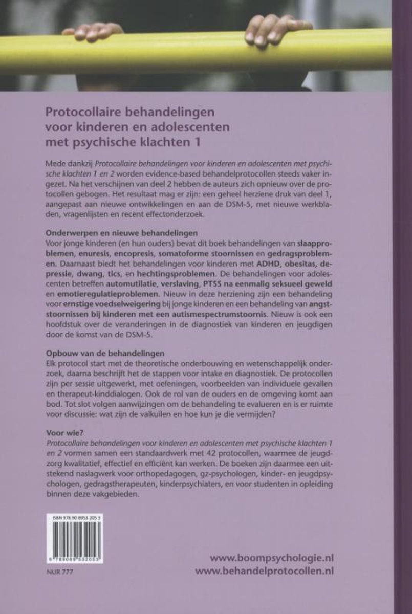 Boekomslag achterkant met tekst: Protocollaire behandelingen voor kinderen en adolescenten met psychische klachten 1.