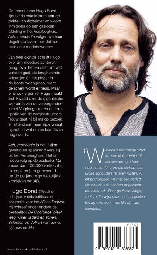 De achterkant van een boek met een portret van Hugo Borst en tekst over zijn moeder.