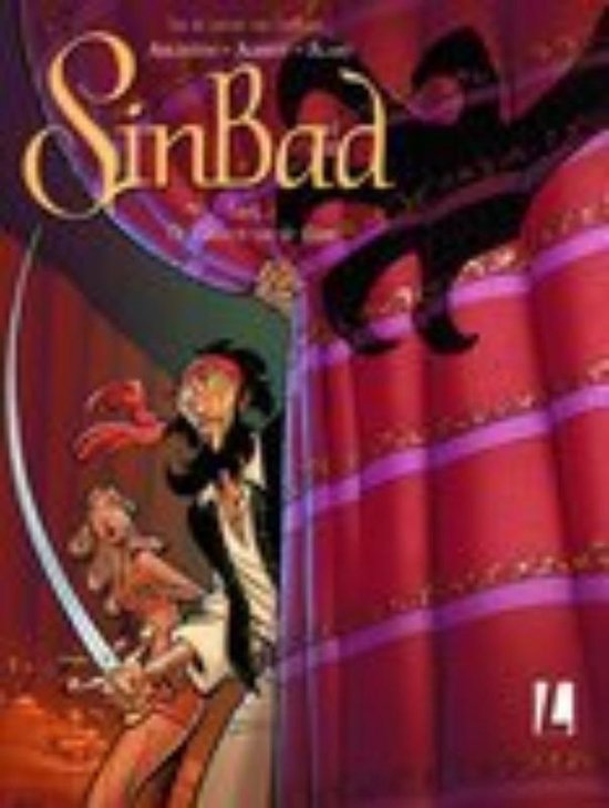 De voorkant van het 'Sinbad' stripboek. Een man met een zwaard vecht naast een panter. Rode achtergrond.