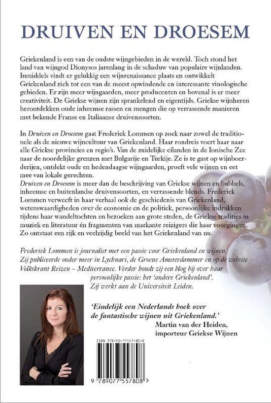 Boekcover 'Druiven en Droesem' met tekst, een portret van een vrouw en een foto van druiven.