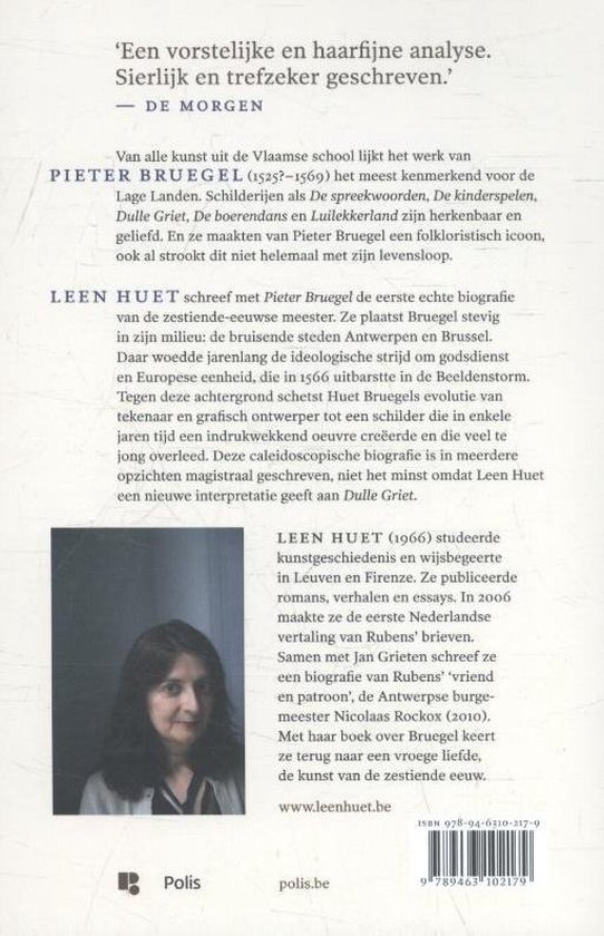 Achterkant van het boek over Pieter Bruegel door Leen Huet met tekst en auteursfoto.