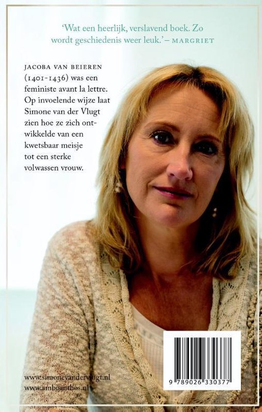Achterkant boek 'Jacoba, dochter van Holland'. Een blonde vrouw met een gebreide cardigan.